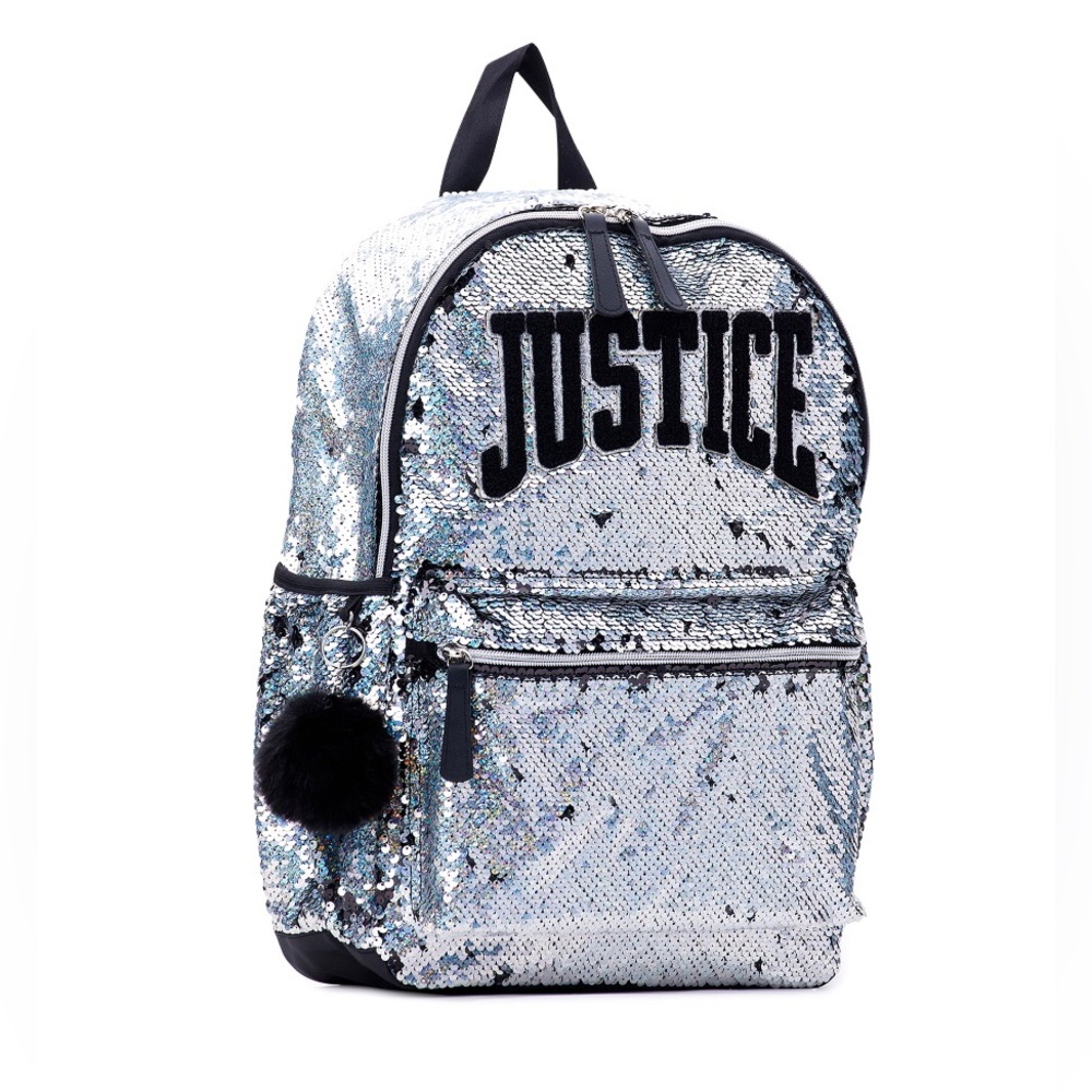 Justice Girls 17" Laptop Backpack Flip Sequin Backpack Metallic Silver
